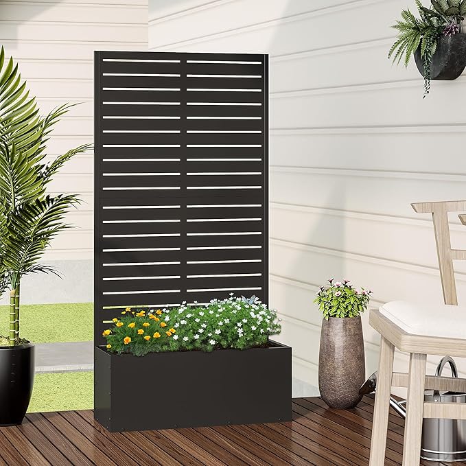 Casaphoria Metal Raised Garden Bed with Trellis, 59"x30"x12" Planter Box for Climbing Plants, Vegetables & Vines, Features Drainage Holes and Privacy Screen (Black-Louvered)
