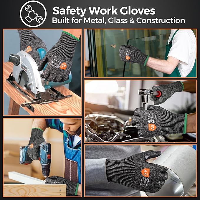 Donfri A9 Cut Resistant Work Gloves for Men - Steel + HPPE Hybrid Safety Gloves for Men, ANSI Cut Level 9 Protection Flexible for Metal Glass Wood Construction Fishing