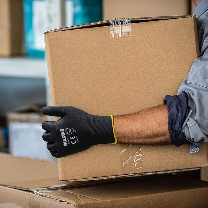 DULFINE Ultra-Thin PU Coated Work Gloves-12 Pairs,Excellent Grip,Nylon Shell Black Polyurethane Coated Safety Work Gloves, Knit Wrist Cuff,Ideal for Light Duty Work. (Large)
