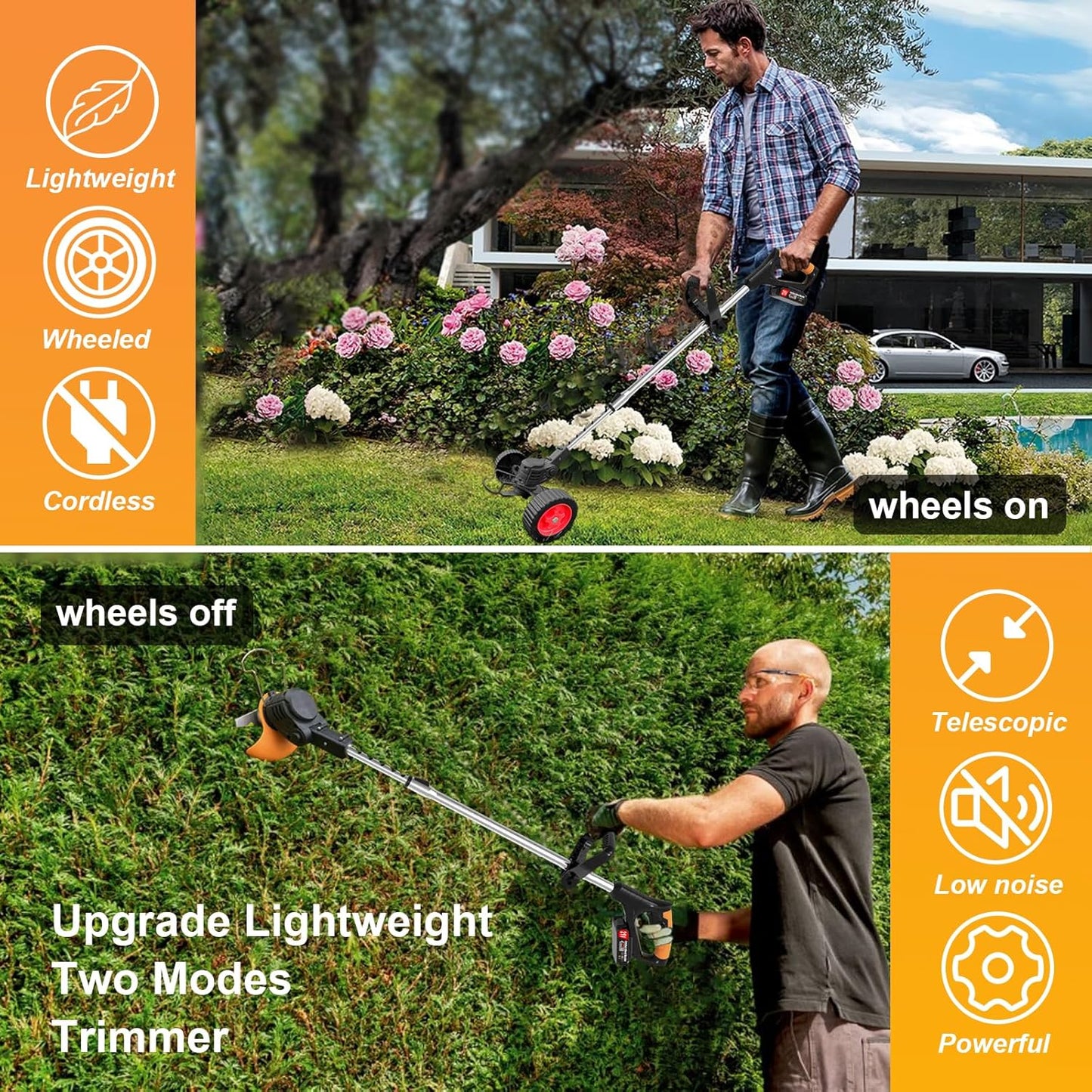 Electric Weed Wacker Eater Cordless, Weed Wacker Battery Powered, Weed Trimmer with 2 21V/2Ah Battery Operated & 15 Blades & Wheels, No-String Grass Trimmer/Brush Cutter/Edger for Garden Yard