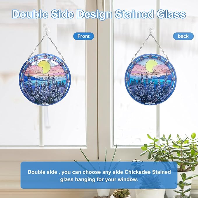 6’’ Lavender Suncatcher Stained Glass - Sun Catcher with Mountain Stained Glass Window Hanging, Suncatchers for Windows Hanging, Lavender Wall Decor, Suncatcher Gifts for Women/Friends/Lover