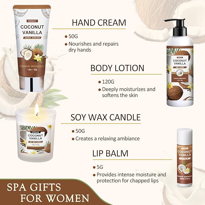 Christmas Gifts For Women - 16 PCS Birthday Gift Basket for Women Set of Coconut Vanilla Self Pampering Set, Includes Luxurious Home Spa Shower Gel Bubble Bath