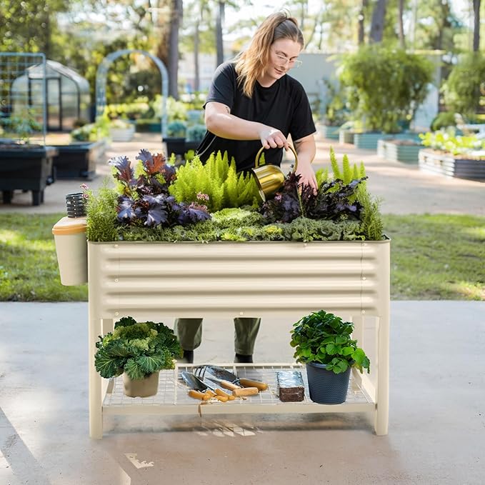Elevated Raised Garden Bed-V Series, 2' x 4' Garden Beds with Legs & Storage Rack for Patio Porch, 700 Lbs Weight Capacity, Outdoor Planter Boxes for Gardening Herbs Vegetables Flowers, Pearl White