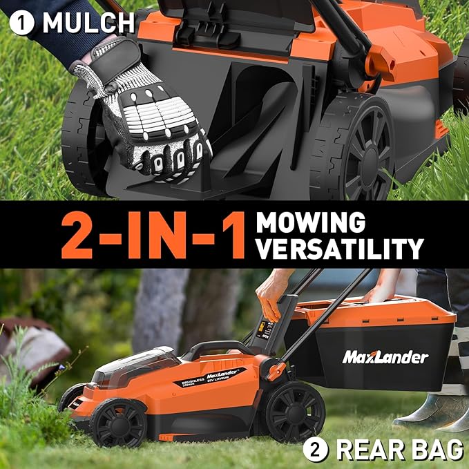 Maxlander Lawn Mowers, 13Inch Electric Lawn Mower Cordless, 20V 2-in-1 Battery Powered Lawn Mower with Brushless Motor, 5-Position Height Adjustment, Battery and Charger Included