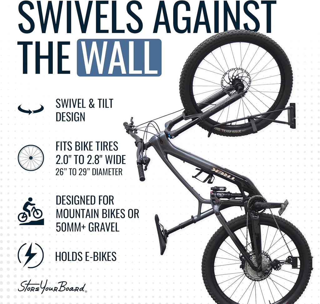 StoreYourBoard SwivelStow Mountain Bike Storage – Heavy Duty Bike Hanger, No-Lift Bike Wall Mount for Garage Bike Storage, MTB and E-Bike, Holds 70 lbs, Patent-Pending