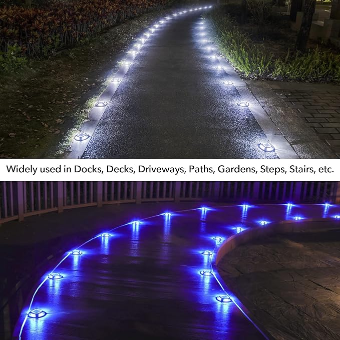 AGPTEK Solar Driveway Lights Outdoor 4 Pack, 2 Color Modes LED Deck Dock Marine Waterproof Security Marker Lights for Step Sidewalk Stair Garden Pathway Walkway Yard(Blue Light/Cool White)
