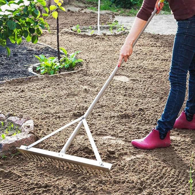 Colwelt Landscape Rake - 24Tines, Aluminum Head with 68" Handle, 24" Width for Beach & Lawn Care