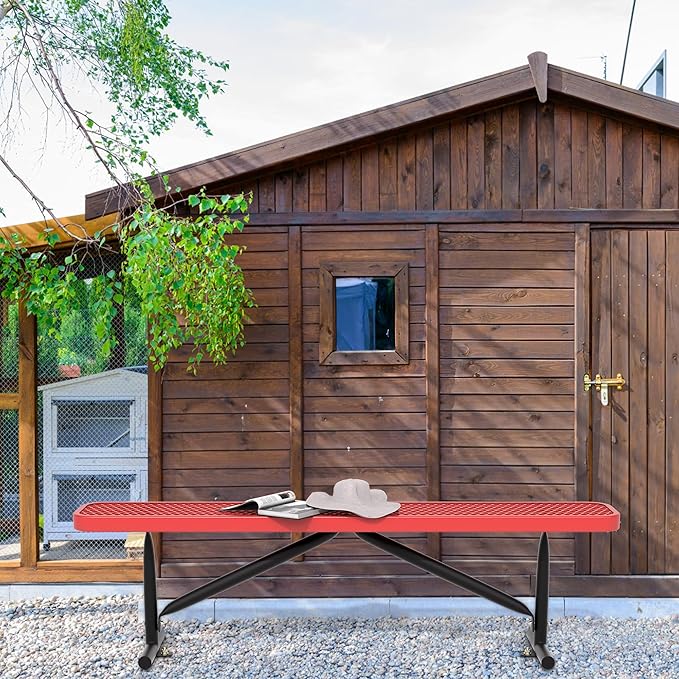 6 Feet Heavy Duty Metal Park Bench for Outside, Outdoor Bench with Portable Frame, Commercial Benches for Shopping Mall, Store, Park, Patio, Deck, Red