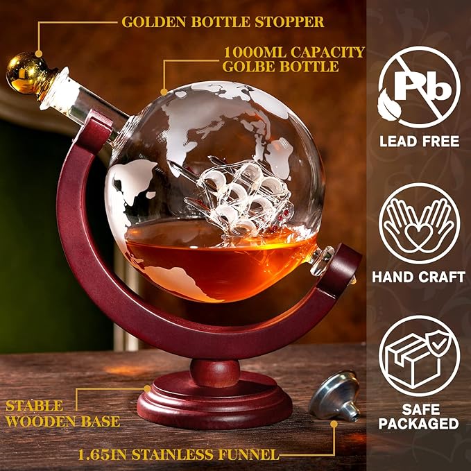 PONPUR Whiskey Globe Decanter, Gifts for Men Dad Father's Day, Anniversary Birthday Gift for Him Husband Boyfriend Grandpa, Unique Housewarming Presents Whisky Bourbon Decanter, 1000ml