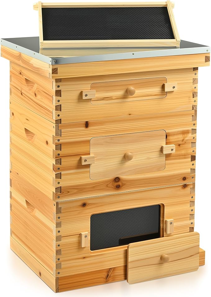 CREWORKS 10 Frame Bee Hive, 3 Layers Beeswax Coated Beehive Starter Kit with Frames & Foundations, Langstroth Bees Hives Box with Transparent Acrylic (Window Medium Box & 2 Deep Boxes)