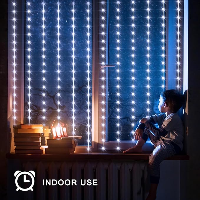 echosari Christmas Curtain Lights Solar Powered 7.9ft x 6ft 144 LED Outdoor Curtain Lights Waterproof with Timer 8 Modes for Christmas Garden Patio Fence Wedding Wall Window Gazebo Decor Cool White