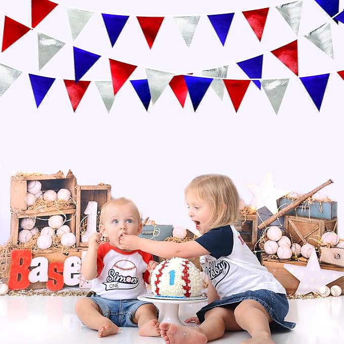 Red Blue Silver Party Decorations Metallic Fabric Triangle Pennant Banner Flag Bunting Garland for Graduations 4th of July American USA National Day Patriotic Veterans Birthday Outdoor Party Supplies