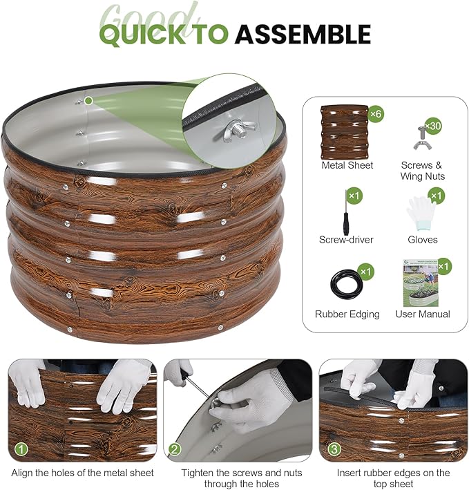 G GOOD GAIN Round Raised Garden Bed - 2Pcs 2x2x1.3ft Galvanized Steel Planter Boxes Outdoor with Rubber Edge Trim | Metal Raised Beds for Gardening Vegetables Flowers Fruits Herbs (Wood Grain)