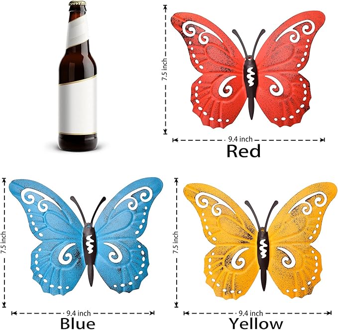 EASICUTI Metal Butterfly Wall Decor Butterfly Wall Art Hanging Sculpture For Indoor Outdoor Home Bathroom Living Room Bedroom Or Porch Patio Fence Yellow Red Blue 3 Pack 9.4" L x 7.5" H