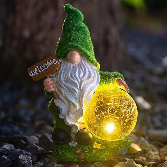 Gnome Garden Statue Figurine Decor with Solar Lights, Outdoor Garden Succulent Ornaments Waterproof Decoration for Outside Patio Yard Lawn Decor