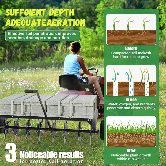 Doniks 52-Inch Tow Behind Lawn Plug Aerator with Universal Hitch, Lawn Aerator Tow Behind with 40 Galvanised Steel Tines,Tray and Inflatable Wheels for Gardens, Lawns, Farms