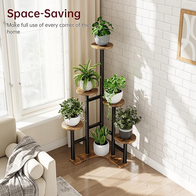 Corner Plant Stand Indoor, 6 Tier Corner Plant Shelf Flower Stand for Multiple Plants, Plant Shelves Organizer Rack for Living Room, Balcony, Patio, Garden, Round Rustic Brown