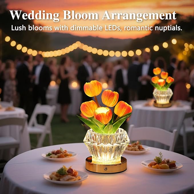 Tulip Flower Lamp with Diamond Vase, 3 Color LED Night Light, Dimmable Touch Control, Artificial Floral Decor for Bedroom Bar Coffee Shop Wedding Birthday Gifts for Women Christmas Valentine Day
