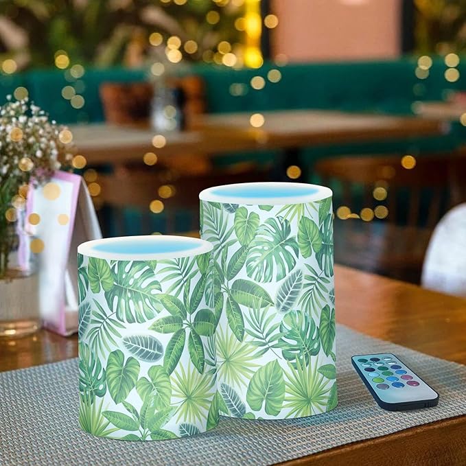 Flickering Flameless Candles, Tropical Palm Leaves Exotic LED Candles with Remote Timer, Set of 2 Battery Operated Candle for Valentine Wedding Birthday
