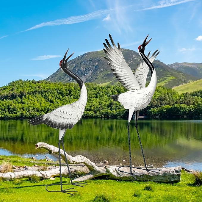 chisheen Crane Garden Statues Outdoor Metal Heron Yard Art Crane for Garden Sculptures Patio Lawn Ornaments,Set of 2