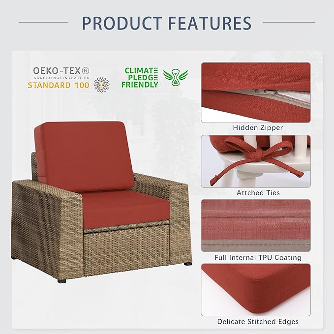 Favoyard Outdoor Deep Seat Cushion Set, 24 x 24 Inch Rainproof & 3-Year Fade Resistant Patio Furniture Cushions, Removable Seat Bottom & Back Cushion Covers with Ties for Chair, Sofa, Couch, Red