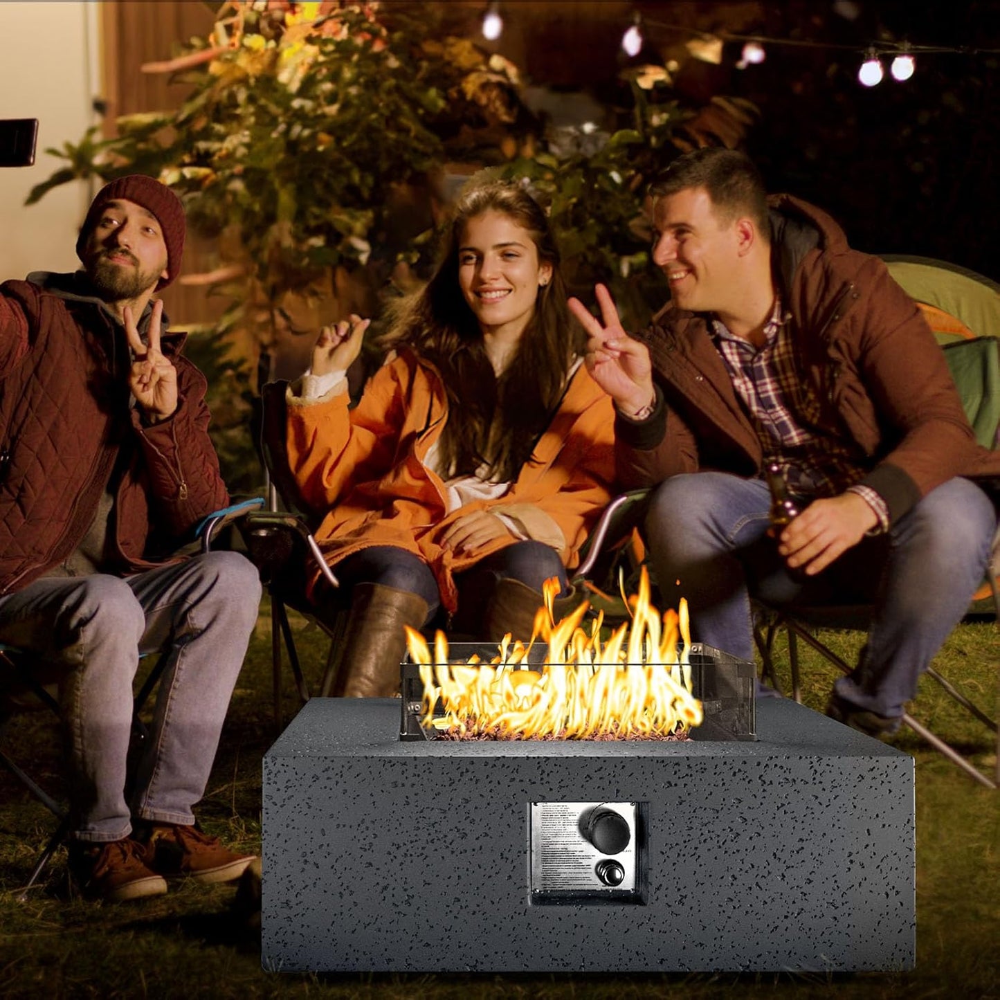 COSIEST Outdoor Propane Fire Pit Coffee Table w Square Faux Stone 35-inch Base, CSA Certified, 50,000 BTU Stainless Steel Burner, Free Lava Rocks and Rain Cover, Wind Guard, Tank Cover,Gray