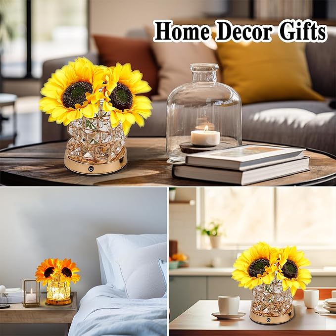 Sunflower Flower Lamp Gifts for Women, 3 Color Dimming Night Light for Womens Mom Her Daughter Christmas Anniversary Birthday Gifts, Bedroom Coffee Shop Decor Rechargeable Cordless Touch Lamp