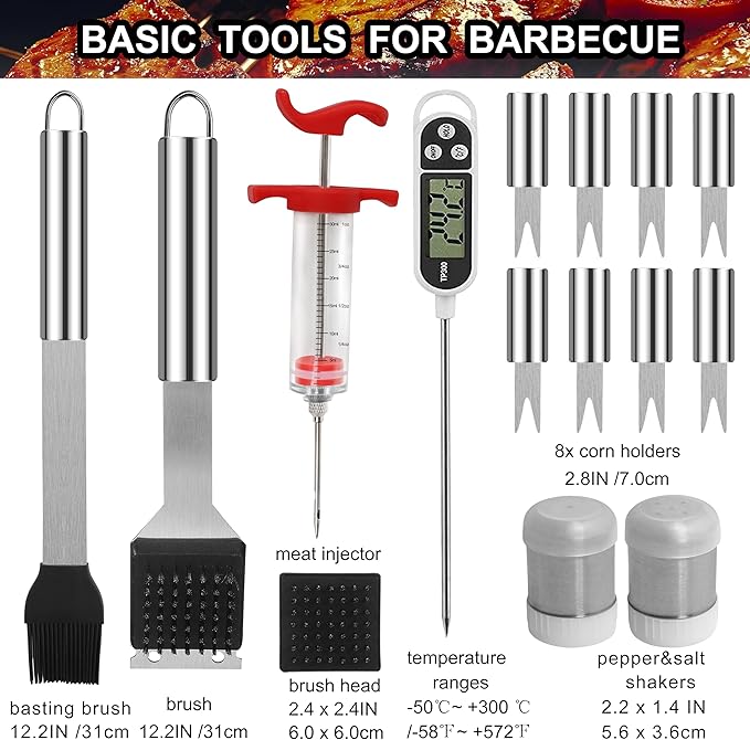 Grilljoy 24PCS BBQ Grill Tools Set with Meat Thermometer and Injector - Extra Thick Stainless Steel Fork, Spatula& Tongs - Complete BBQ Accessories in Aluminum Case - Perfect Grill Gifts for Men