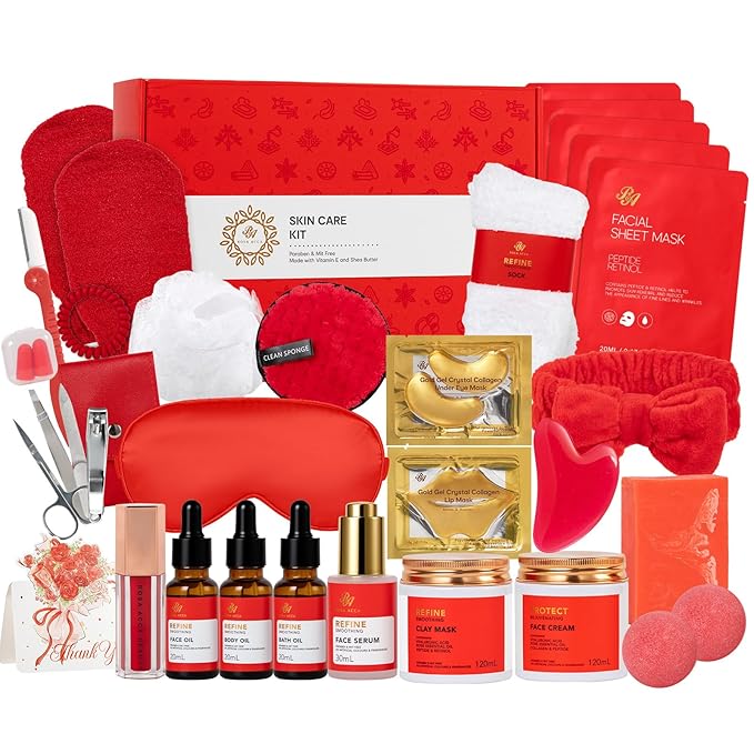 Christmas Gifts for Women, Red Rose 32 Pcs Facial Skin Care Set, Luxury Bath and Body Gifts, Spa Set & Self-Care Gifts, Lip Gloss, Face Sheet Mask, Serum, Present, Birthday, Valentines, Mother Day