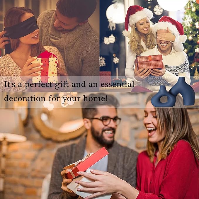 CEMABT Blue Ceramic Vase Set of 2 for Modern Minimalist Bohemian Decor，Round Matte Donut Vases for Pampas Grass-Perfect for Living Room, Dining Table, Office Bedroom Shelf Decor Entryway, Console