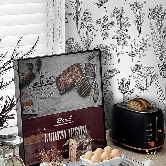 Dimoon 393"x17.3" Floral Peel and Stick Wallpaper White Contact Paper Waterproof Black Lines Wallpaper Vintage Flower Thicken Plant Self Adhesive Removable Wall Covering Shelf Liner Decal Vinyl Roll