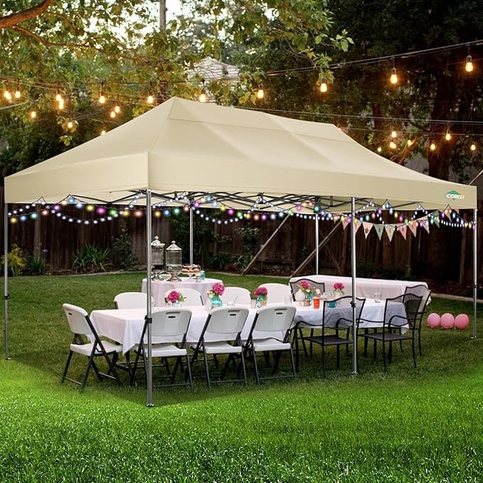 COBIZI 10x20 Canopy with Sidewalls, Heavy Duty Party Tent Pop up carpas para Fiestas, Tents for Parties, Wedding, Outdoor Easy Pop up Foldable Portable Canopy Tent with Wheeled Bag, Khaki Upgrade