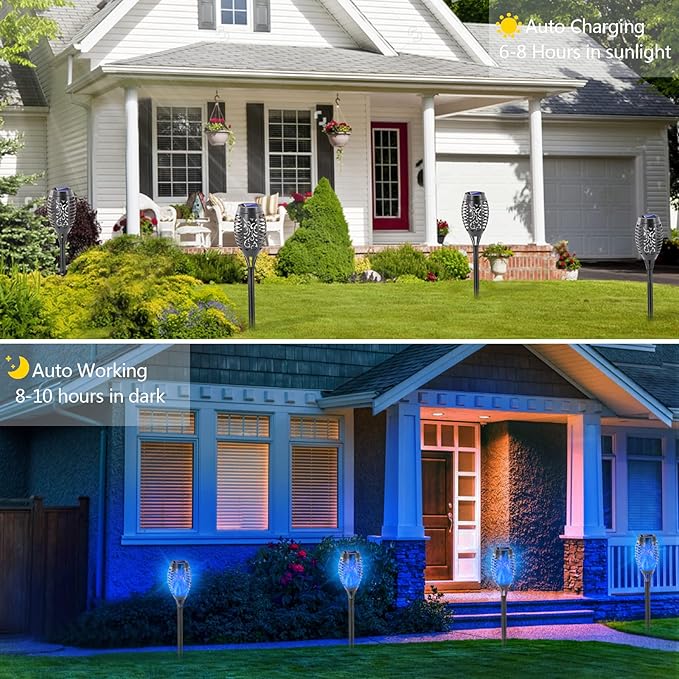 EOYIZW Solar Lights Outdoor, 12 Pack Blue Solar Torch Light with Flickering Flame, 12 LED Tiki Torches for Outside Lights Waterproof Landscape Easter Decoration Outdoor for Garden Yard