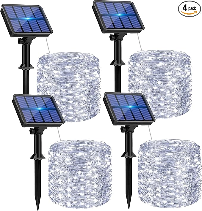 4 Pack Solar String Lights Outdoor - 320LED 132FT Solar Fairy Lights Outside Waterproof with 8 Modes, Copper Wire Twinkle Solar Outdoor Lights for Garden Yard Tree Christmas Wedding Decor, Cool White