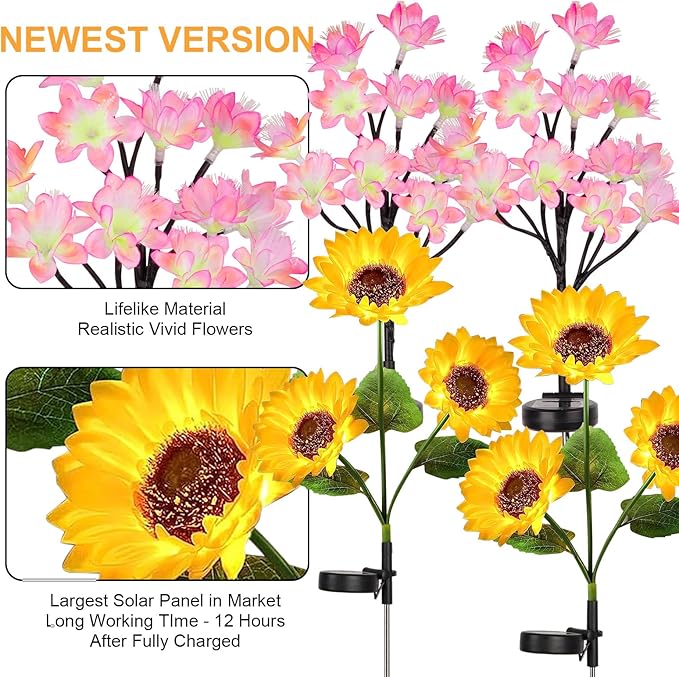 4 Pack Flower Solar Lights Outdoor Waterproof IP 65, Solar Sunflowers Peachblossom Lights Garden Decorative Yard Patio Landscape Stake Lights