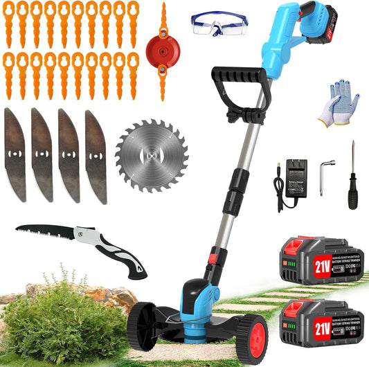 Electric Weed Wacker Cordless Eater Battery Powered Eater Lightweight Edger Portable Stringless Grass Trimmer/Lawn Mower/Brush Cutter, with 3 Types Blades & Wheels for Yard and Garden-Blue