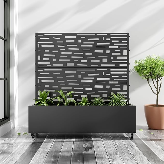 Casaphoria Metal Raised Garden Bed with Trellis and Wheels, 47"x47"x16" Planter Box for Climbing Plants, Vegetables & Vines, Features Drainage Holes and Privacy Screen (Black-Gerald)