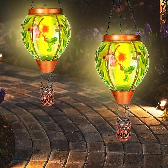 4 Pack Solar Hot Air Balloon Lantern with Flame，Hummingbird Outdoor Solar Lanterns for Outside Garden Yard Farmhouse Patio Pathway Decoration, Hummingbird Gifts for Women Grandma Mom - Hummingbird