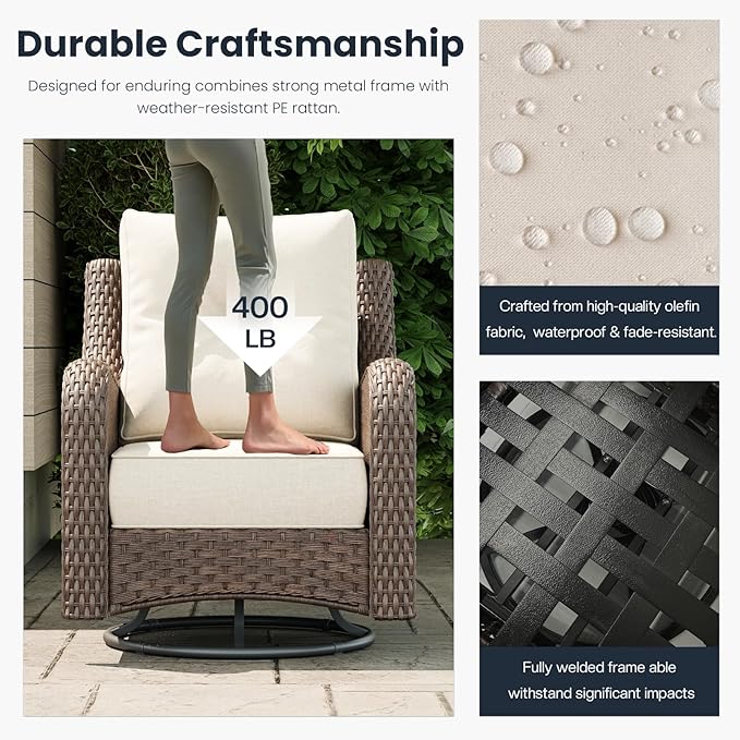 5 Pieces Outdoor Patio Furniture Sets with Rocking Swivel Chairs with 6-inch Thick Cushion and Side Table for Deck Lawn