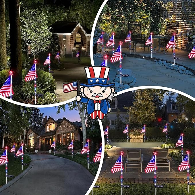 6 Pack 4th of July Decorations Outdoor Solar Lights, Red White and Blue Star Lights for National Day with American Flag, 2 Modes Waterproof Patriotic Light for Independence Memory Day Garden Yard Path