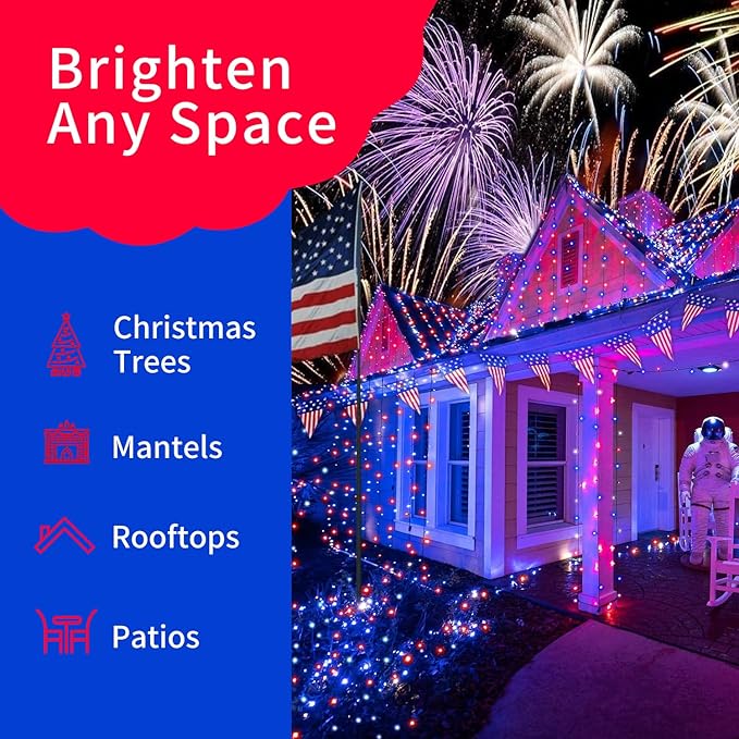 Ultra-Bright Connect End to End Red White and Blue Christmas Mini Light 100L 19.6Ft UL Listed Incandescent Bulb String Light Set for Indoor Outdoor National Day Garden Christmas Tree Decor
