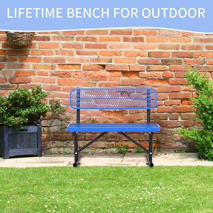 4/6/8 Feet Park Bench for Outside Heavy Duty Metal, Garden Benches Outdoor Bench with Backrest & Portable Frame, for Shopping Malls Stores Parks Patios Decks, Blue