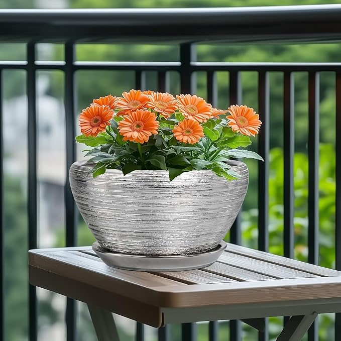 Flower Pot for Indoor Plants - Ceramic Planter 11 Inch Plant Pot with Drainage Hole and Saucer Large Decorative Planter Outdoor Mid-Century Planter for House Decor Silver
