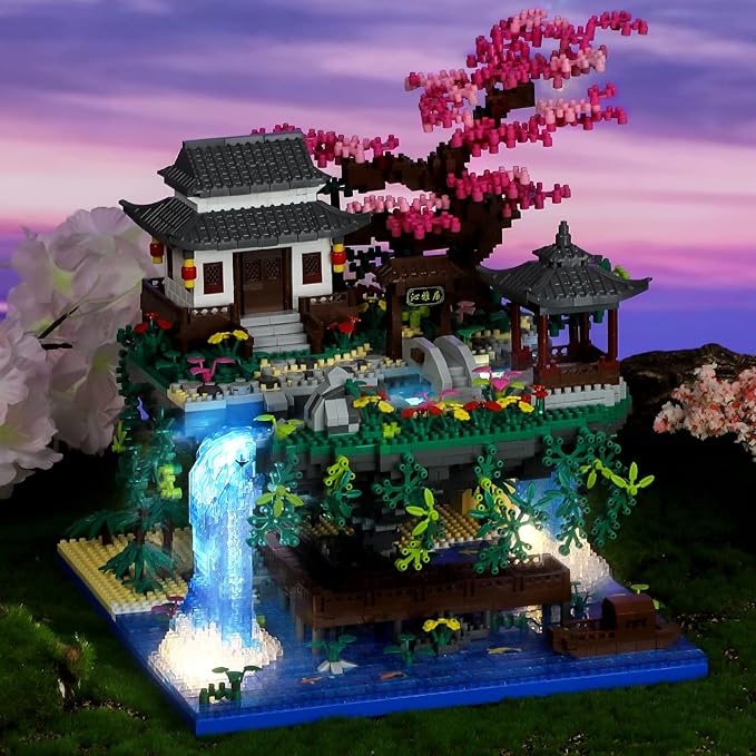 Peach Blossom Pond Micro Mini Building Blocks Set for Adults and Kids, Chinese Architecture Cherry Bonsai Gift Toys with String Lights, Japanese Flowers Tree House Micro Bricks (3320PCS)