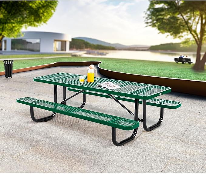 Global Industrial 8’L Rectangular Picnic Table, Expanded Metal, Green Thermoplastic Coating, Attached Benches, 1-1/2” Umbrella Pole Hole, Outdoor-Rated, 1000 lb Capacity, 96” x 30” Tabletop