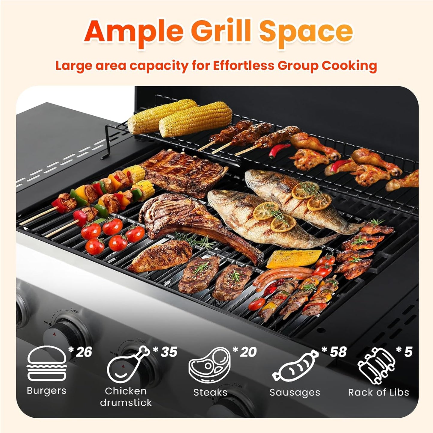 4-Burner Propane Gas BBQ Grill with Porcelain-Enameled Cast Iron Grates, Baking Sheet, 2 Foldable Side Table, 49,200 BTU Stainless Steel Grill for Outdoor Camping Barbecue Grilling Backyard Cooking