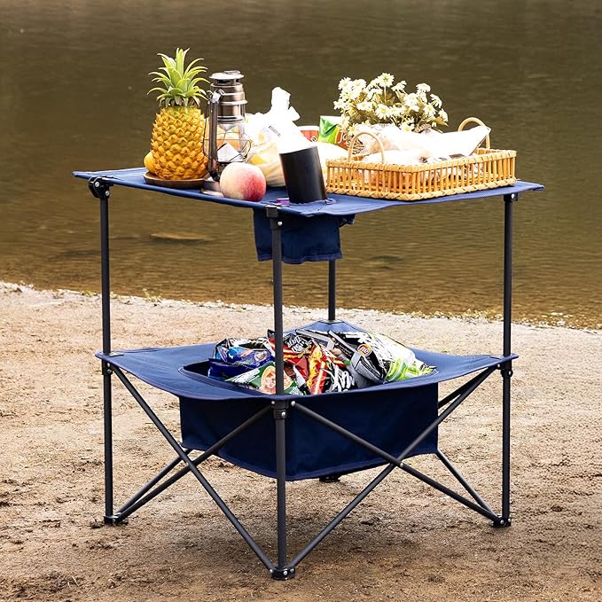 Folding Camping Table, Portable Outdoor Picnic Table, Rectangular Lightweight Camp Table with Storage, Cup Holder and Carry Bag for Barbeque Beach Camping and Tailgate