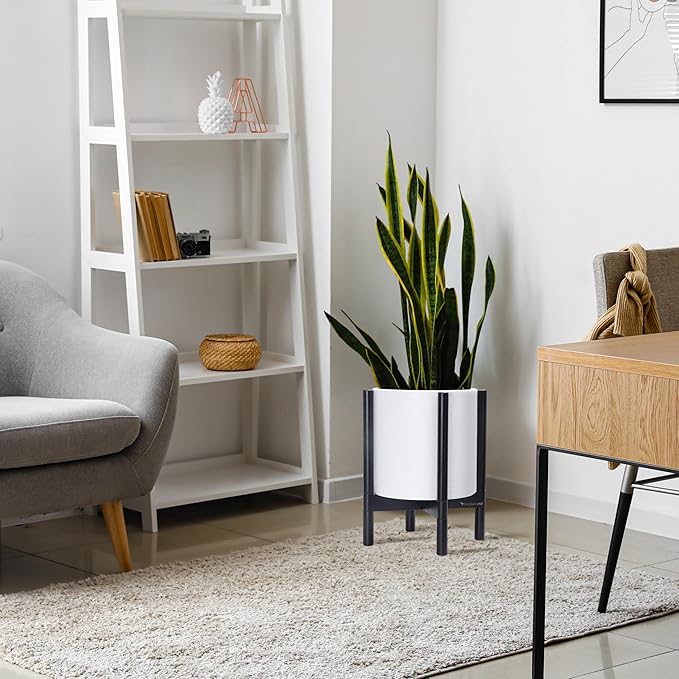 D'vine Dev Planter Pot with Stand - 12 Inch Plastic Cylinder Flower Pot with Wood Planter Holder for Indoor, Matte White Pot + Ebony Stand, 55-C-Q-1