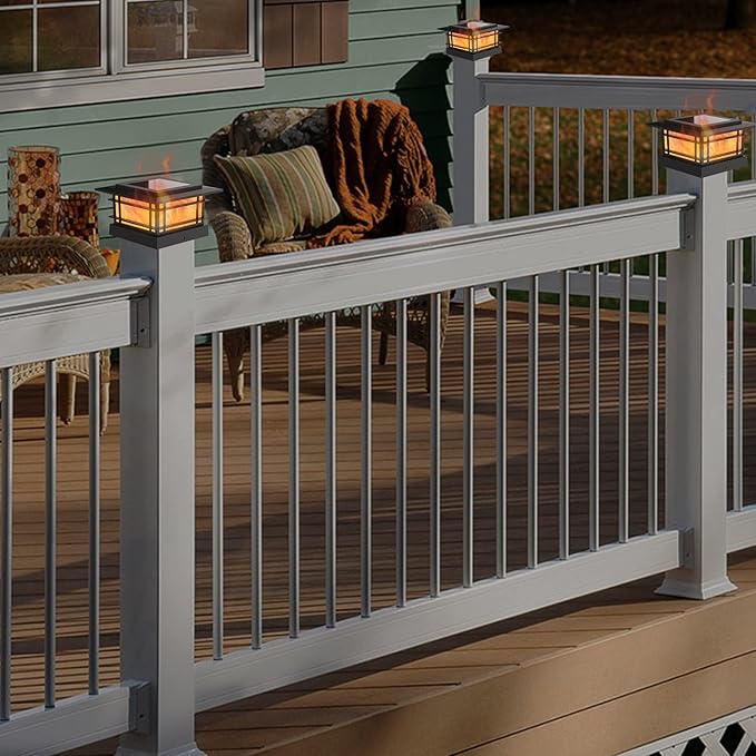Dynaming 2 Pack Solar Flame Post Lights Outdoor, Solar Powered Fence Post Cap Lights, High Brightness Flickering Flame SMD LED Lighting Decor for Garden Deck Patio, 4x4, 5x5 or 6x6 Vinyl/Wooden Posts