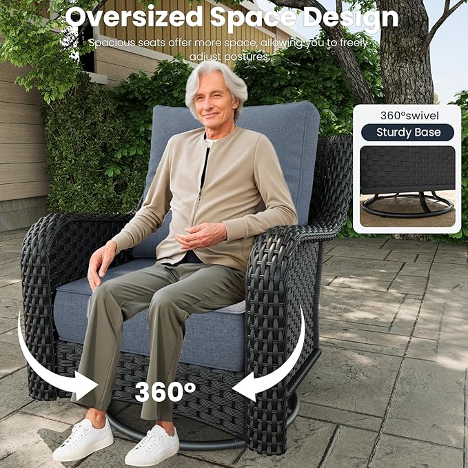 9 Pieces Outdoor Patio Furniture Sets with Rocking Swivel Chairs with 6-inch Thick Cushion and Side Table for Deck Lawn